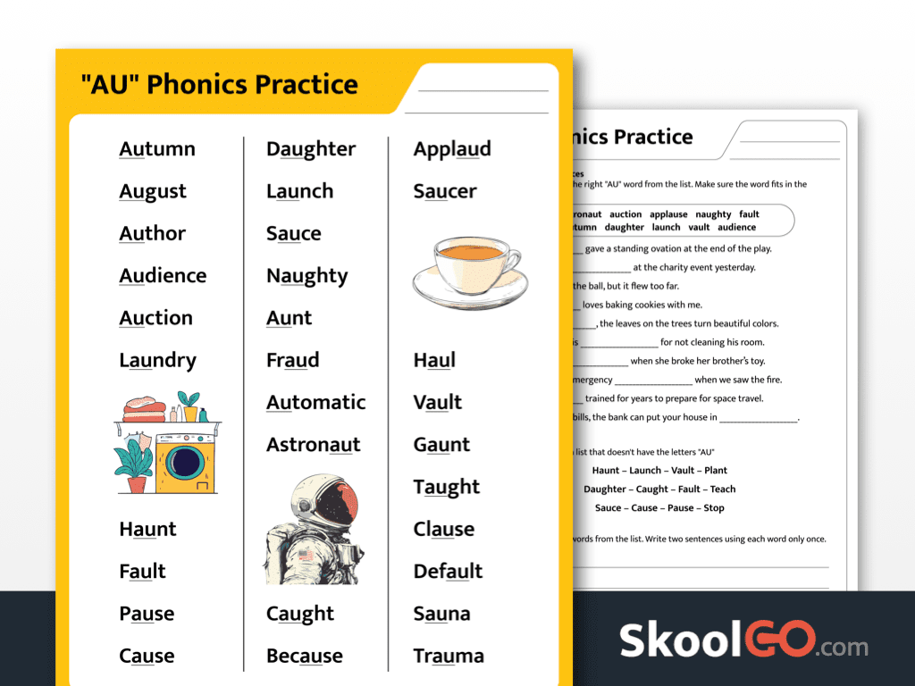 AU Sound Phonics Worksheet Free PDF For Grades 1 3