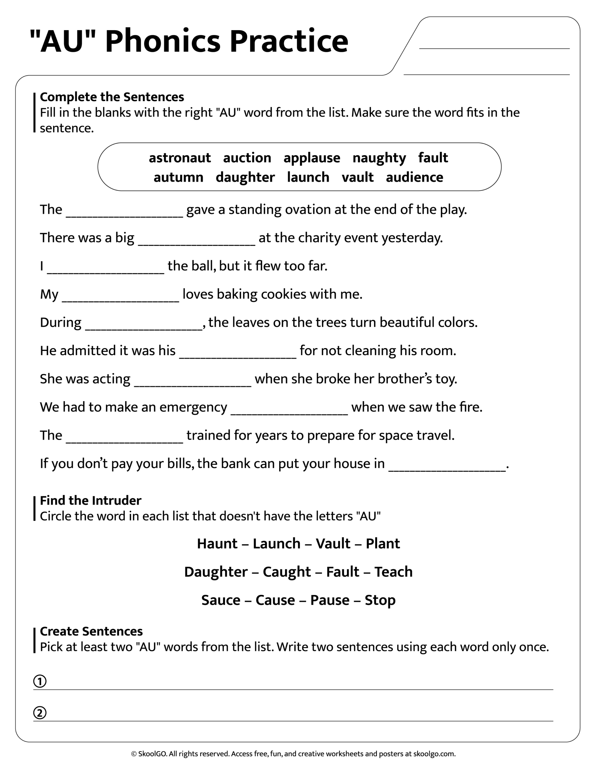 AU Sound Phonics Worksheet Free PDF For Grades 1 3