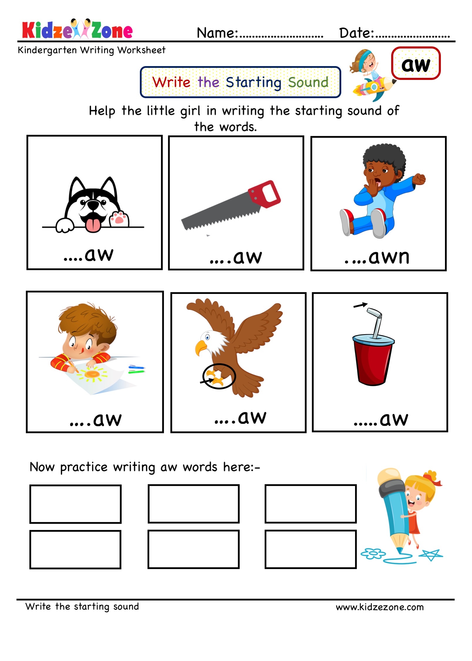 Aw Word Family Starting Sound Kindergarten Worksheet Worksheets Library