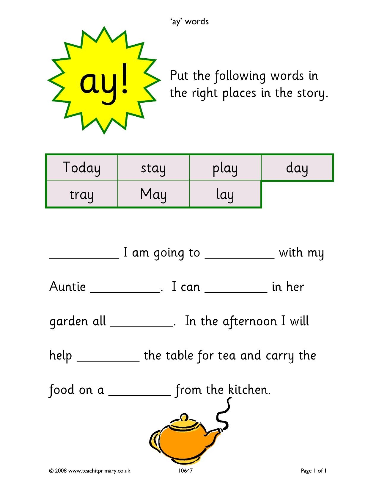 Ay Words Worksheet Phonics KS1 English Teachit