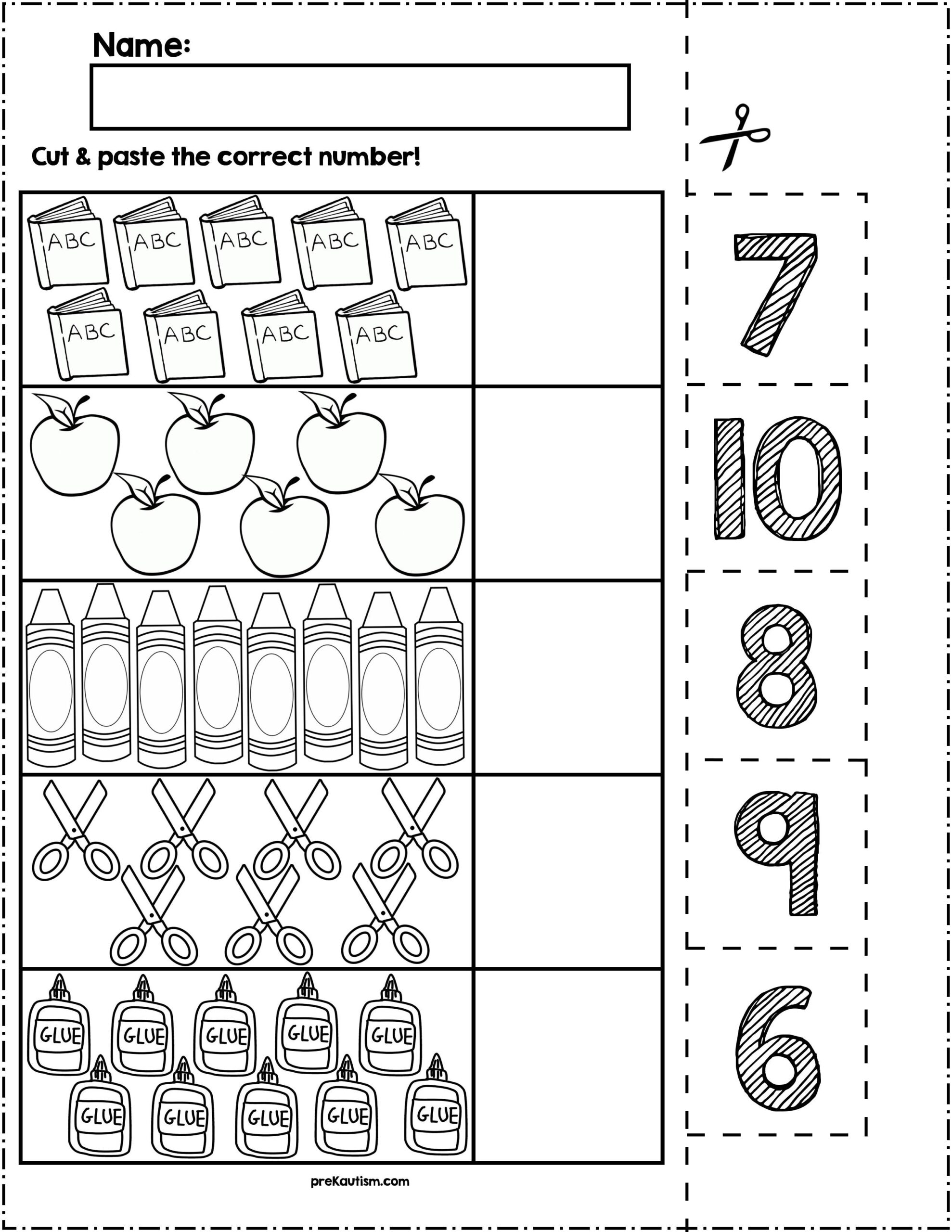 Back To School Cut Match Worksheets Numbers 6 10 By PreKautism