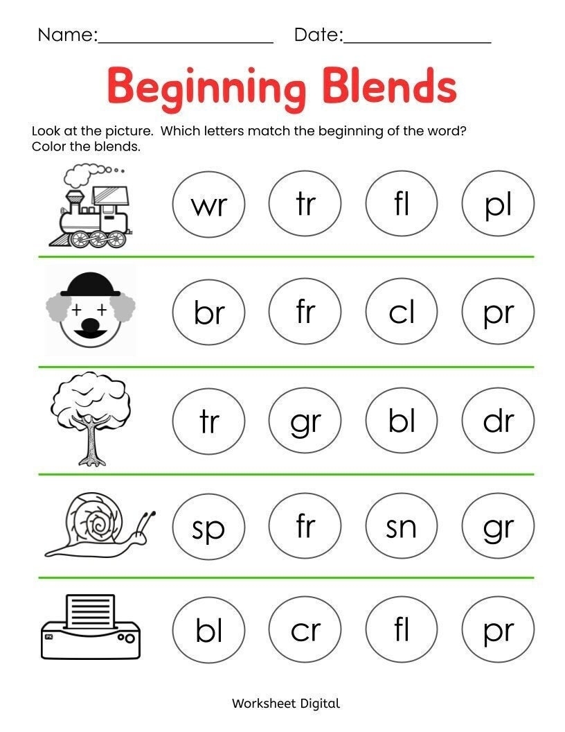 Beginning Blends Worksheets Kindergarten Preschool printable PDF Etsy
