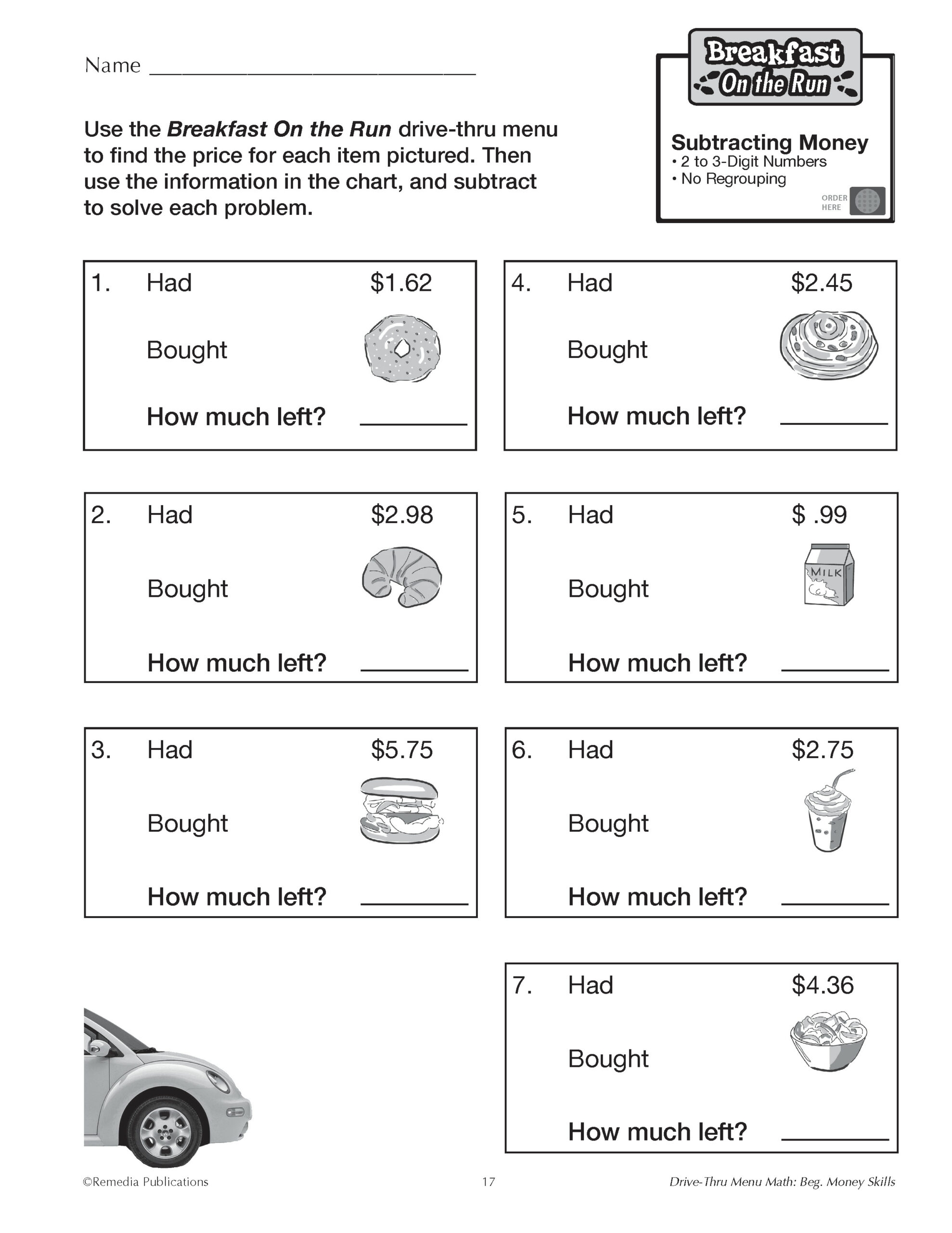 Beginning Money Skills Drive Thru Menu Math Consumer Life Skills Classful