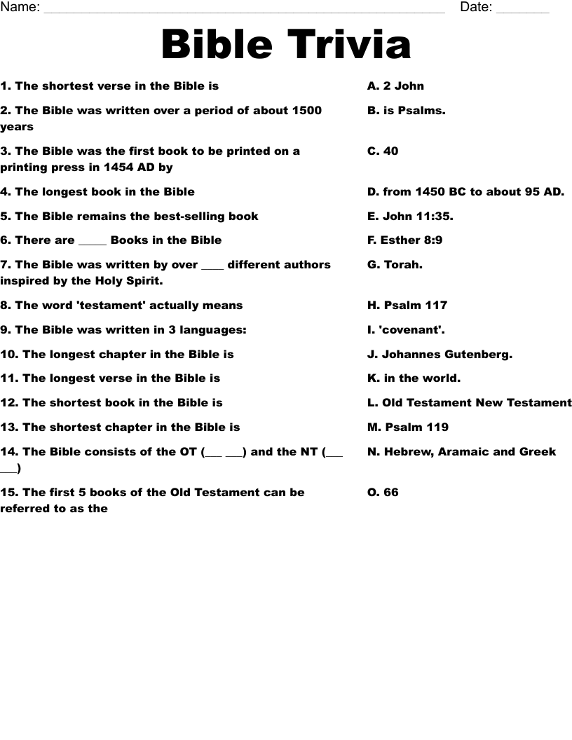Bible Trivia Worksheet WordMint