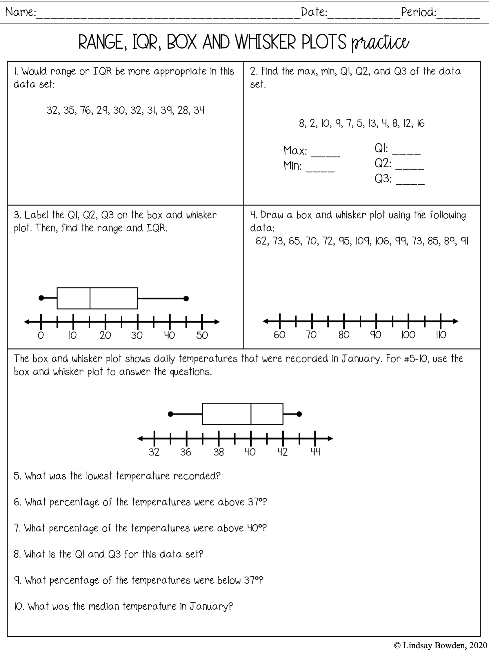 Box And Whisker Plots Guided Notes And Worksheets 7th 10th Grade Algebra Lindsay Bowden