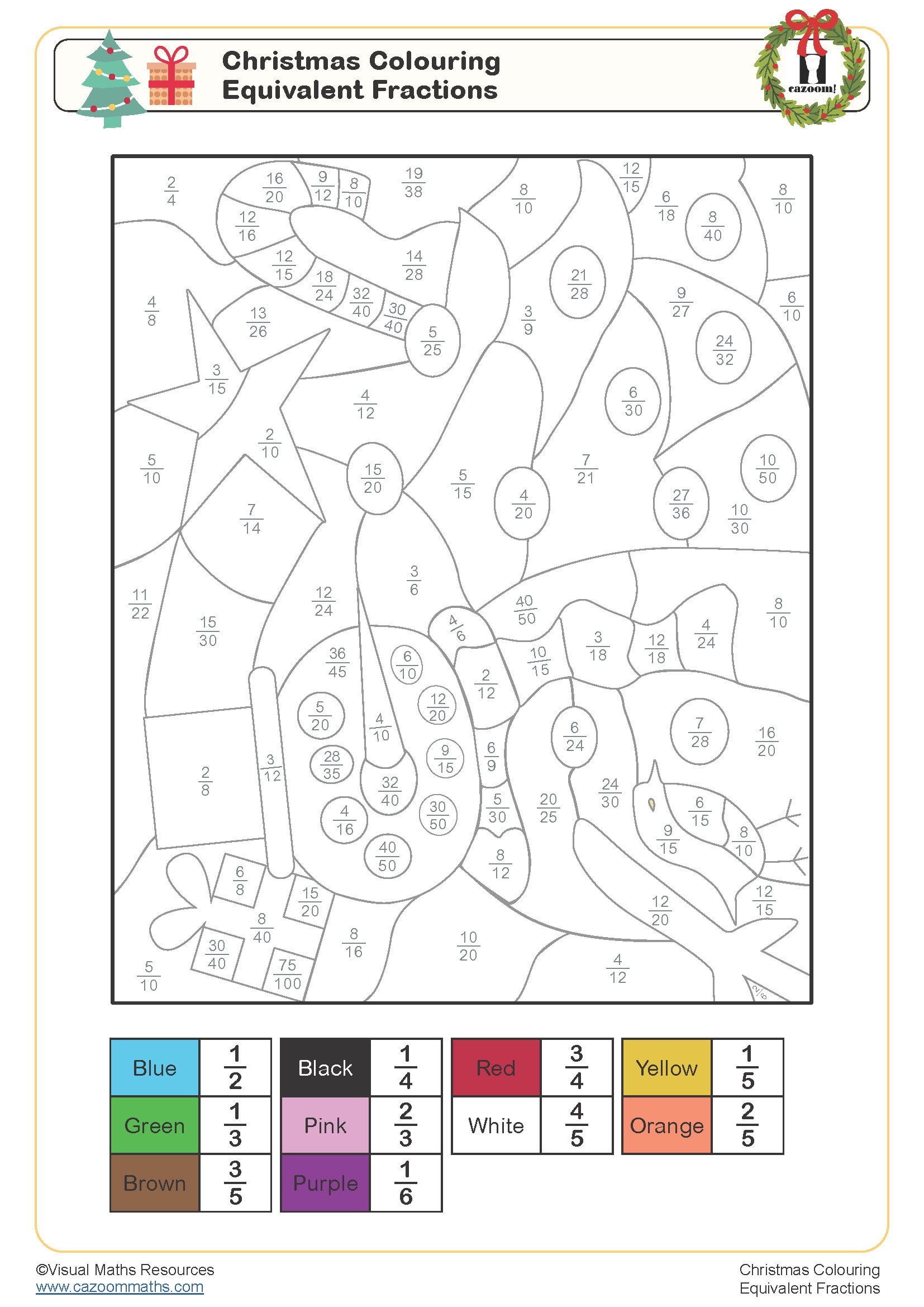 Christmas Colouring Equivalent Fractions Worksheet Cazoom Maths Worksheets