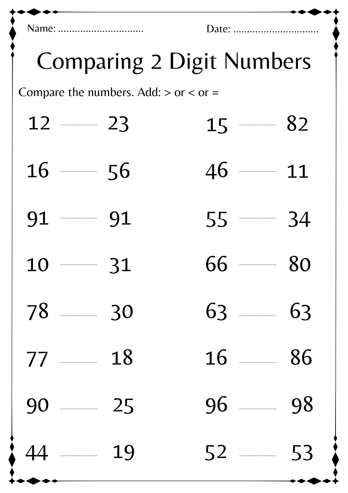 Comparing 2 Digit Numbers Activities Math Worksheet For Kindergarten Made By Teachers