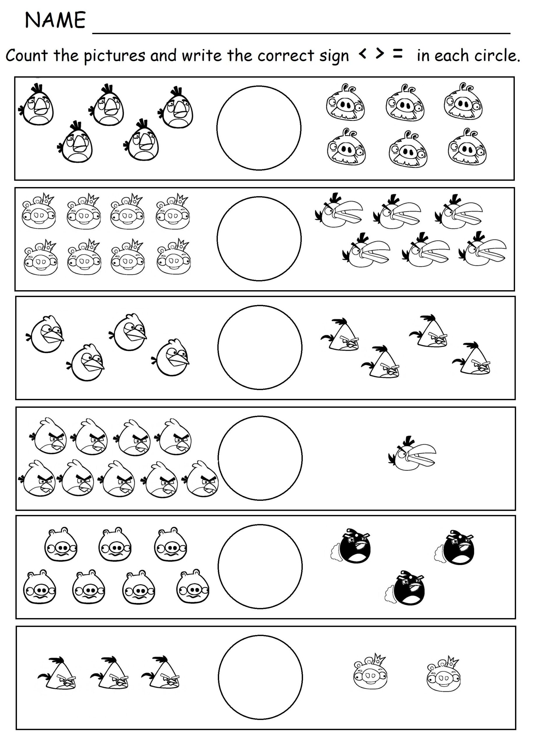 Comparing Numbers Picture Math Angry Birds Greater Than Less Than Equal Worksheet
