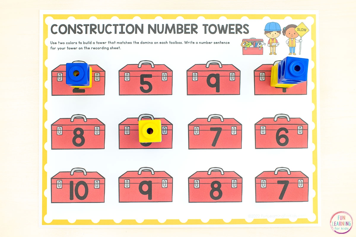 Construction Number Towers Free Printable Math Activity