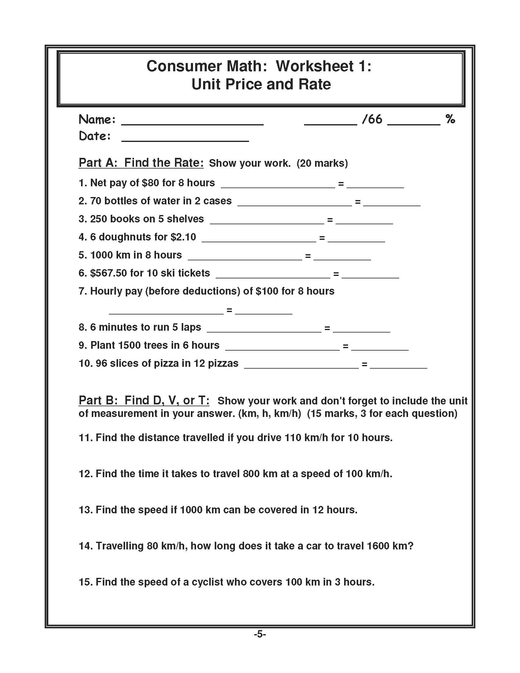 consumer math worksheets