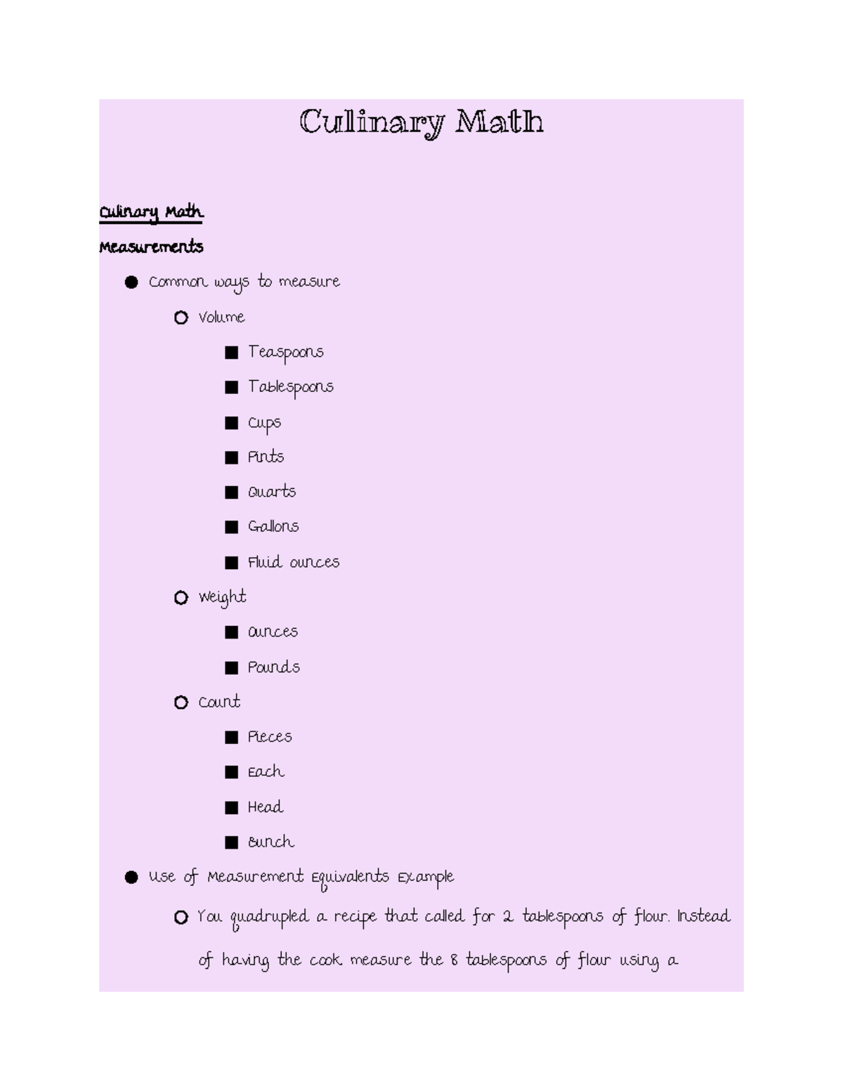 culinary math worksheets