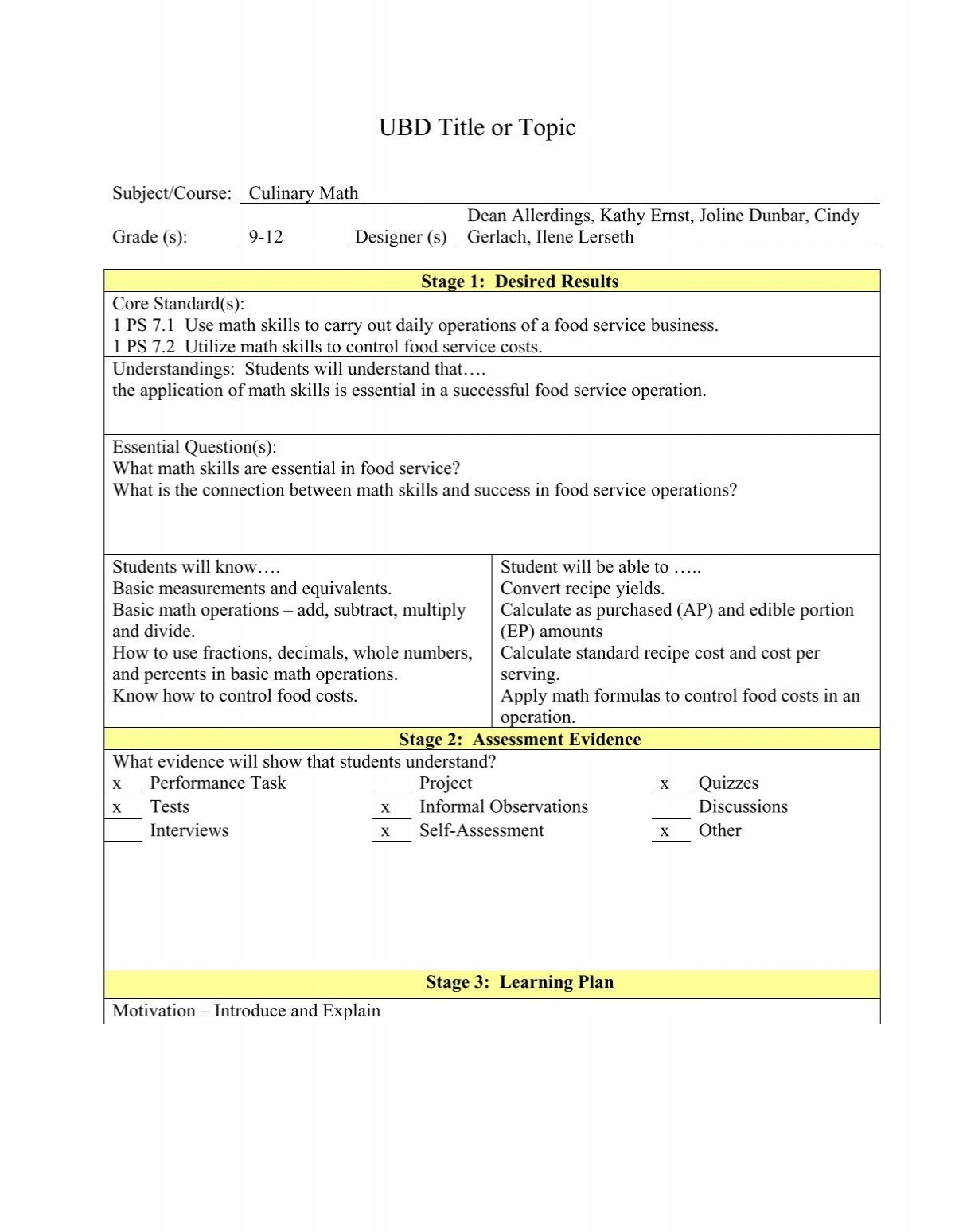 Culinary Math pdf FACS SD
