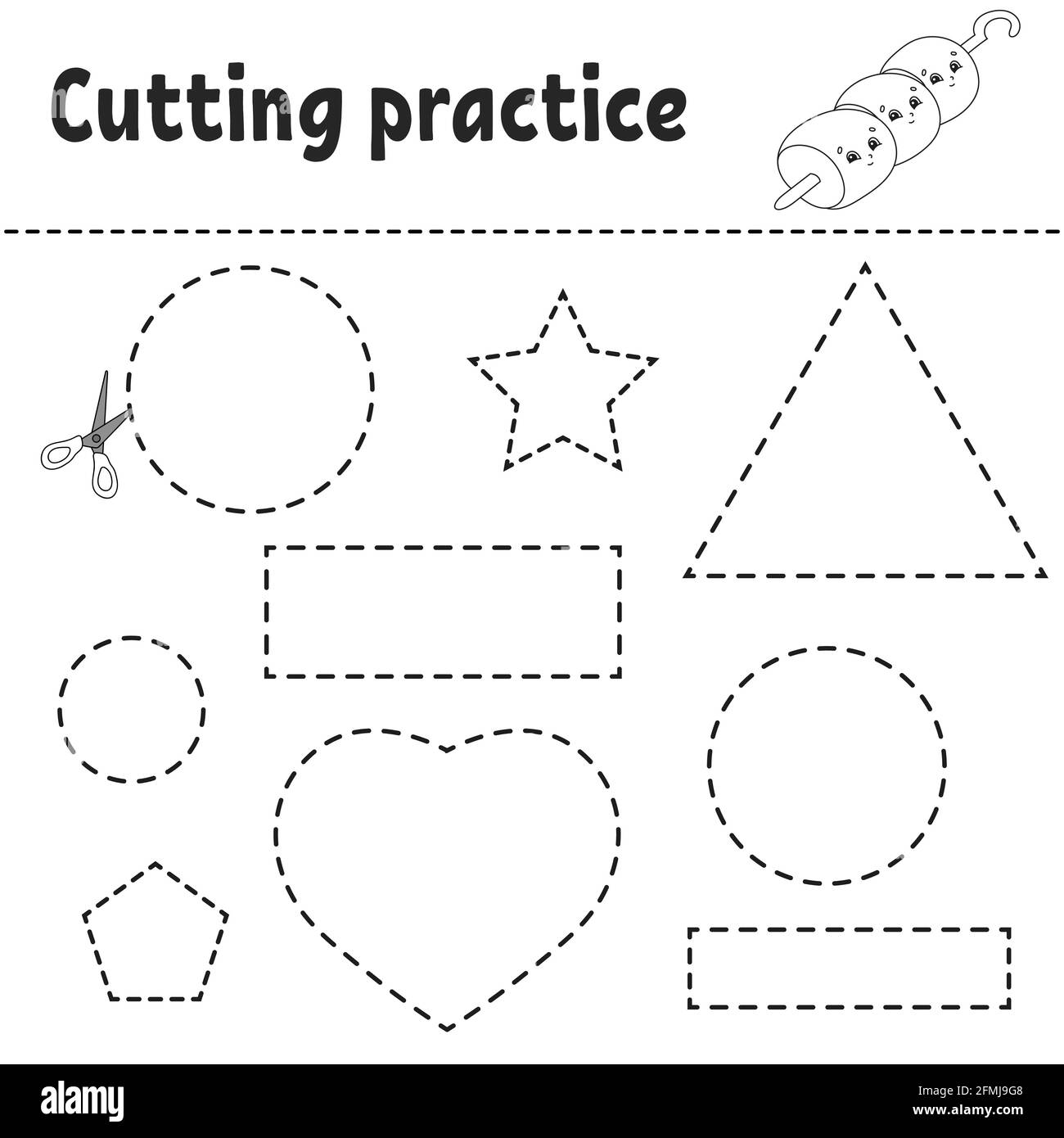 Cutting Practice For Kids Education Developing Worksheet Activity Page With Pictures Game For Children Isolated Vector Illustration Funny Charact Stock Vector Image Art Alamy