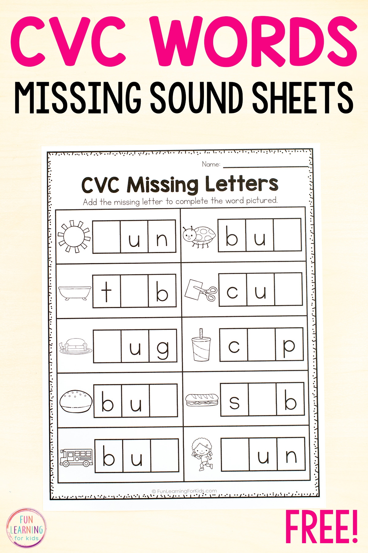 CVC Missing Letter Worksheets For Phonics Practice