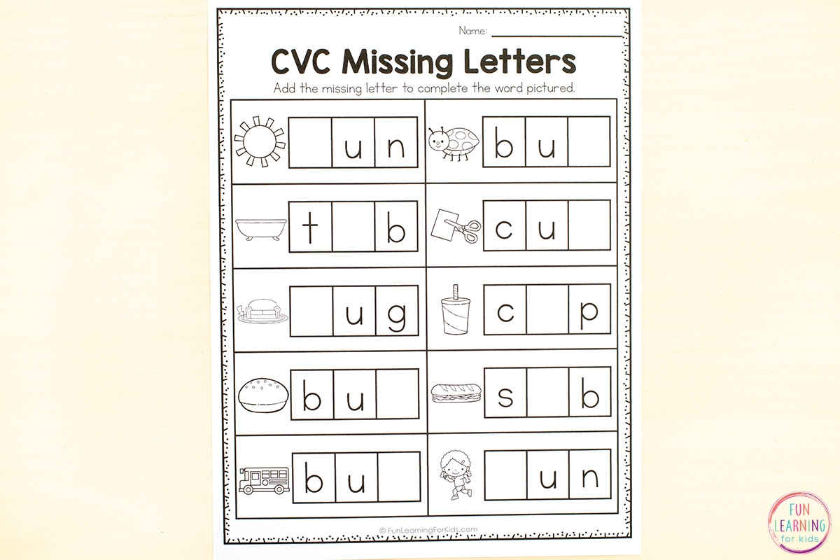CVC Missing Letter Worksheets For Phonics Practice