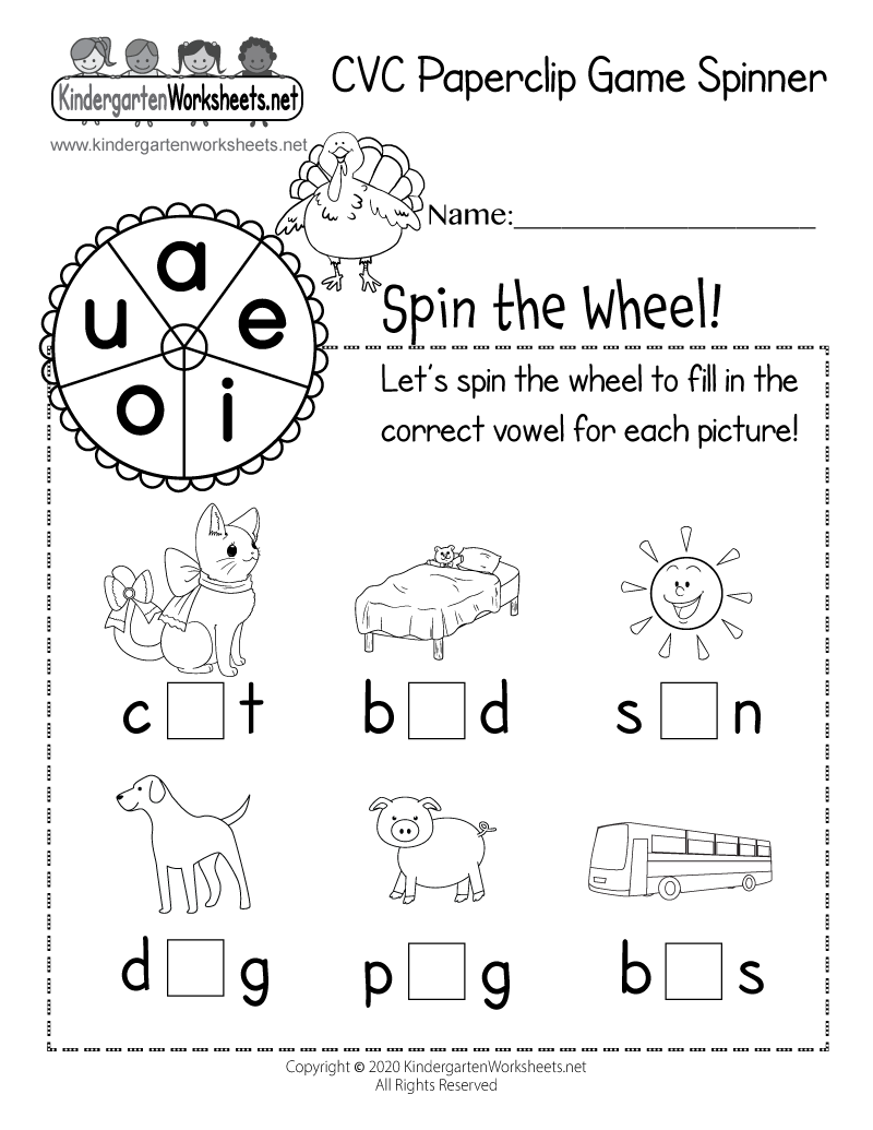 CVC Paperclip Game Spinner Worksheet Free Printable Digital PDF