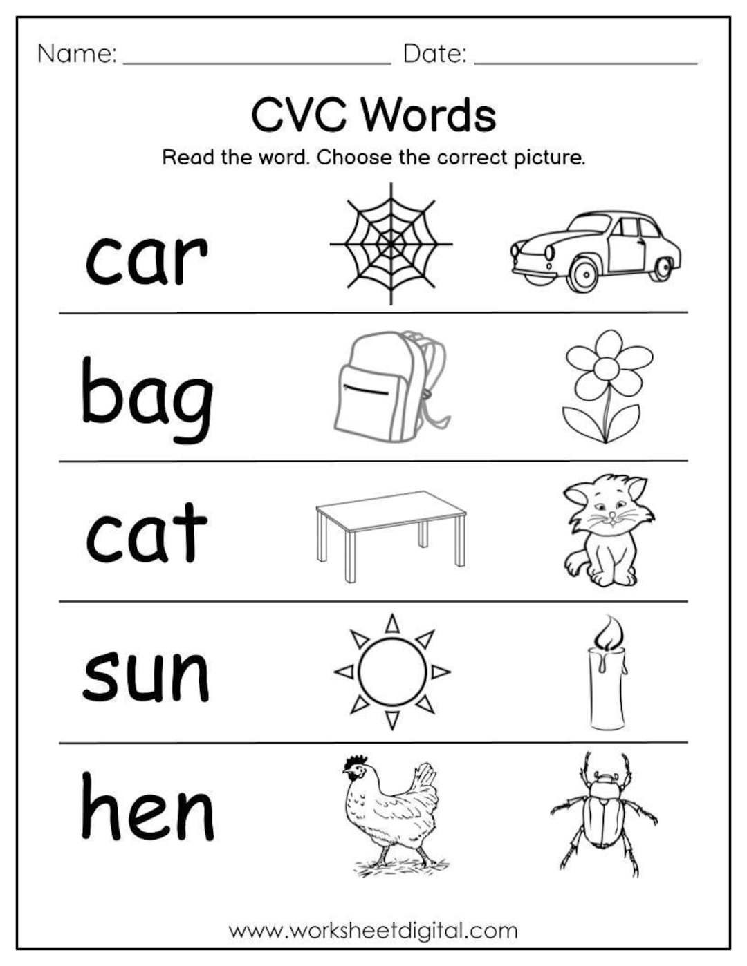 CVC Words Phonics Worksheets Kindergarten Read Choose digital Download Etsy