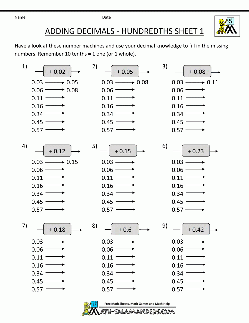 Decimal Addition Worksheets 5th Grade