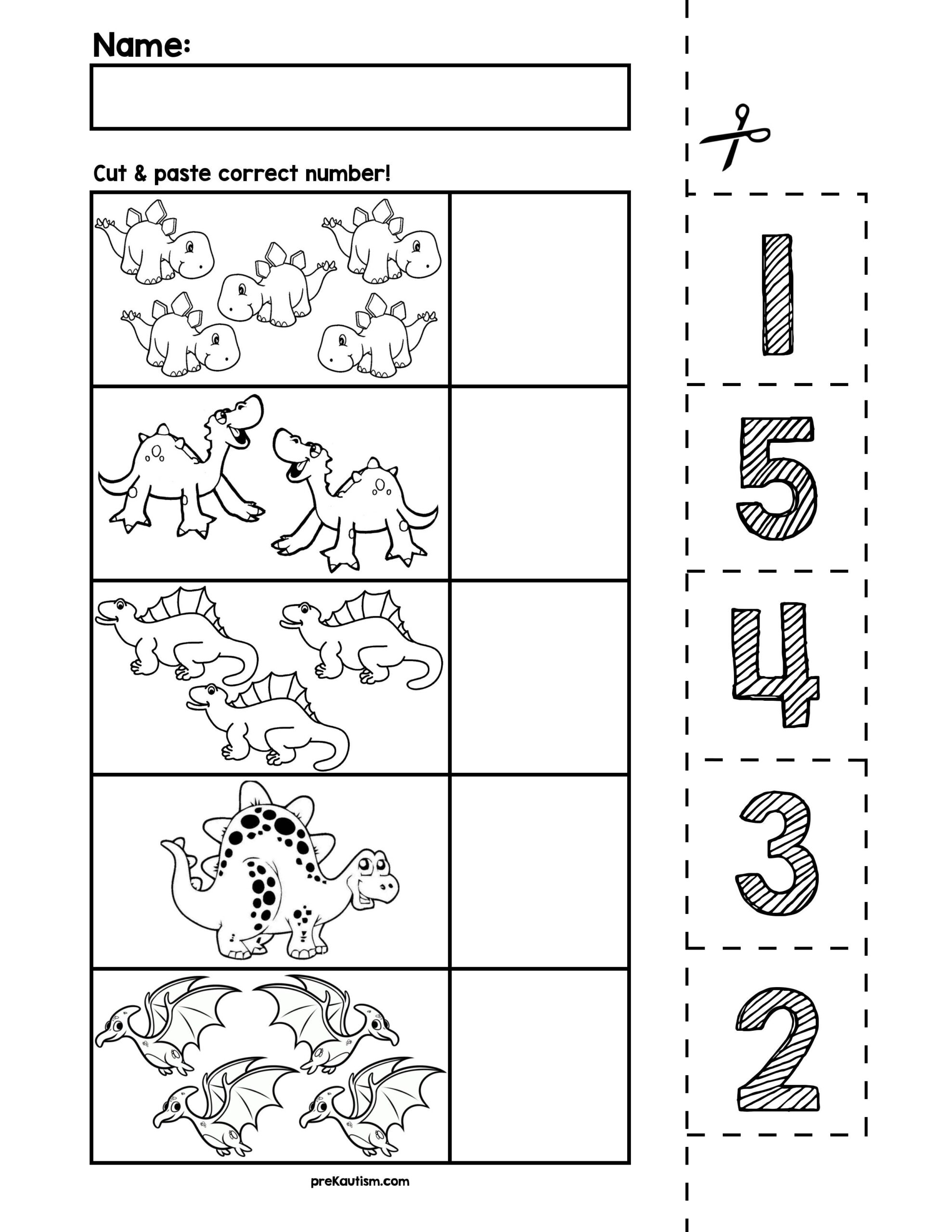 Dinosaur Number Cut Match Worksheets Numbers 1 5 By PreKautism