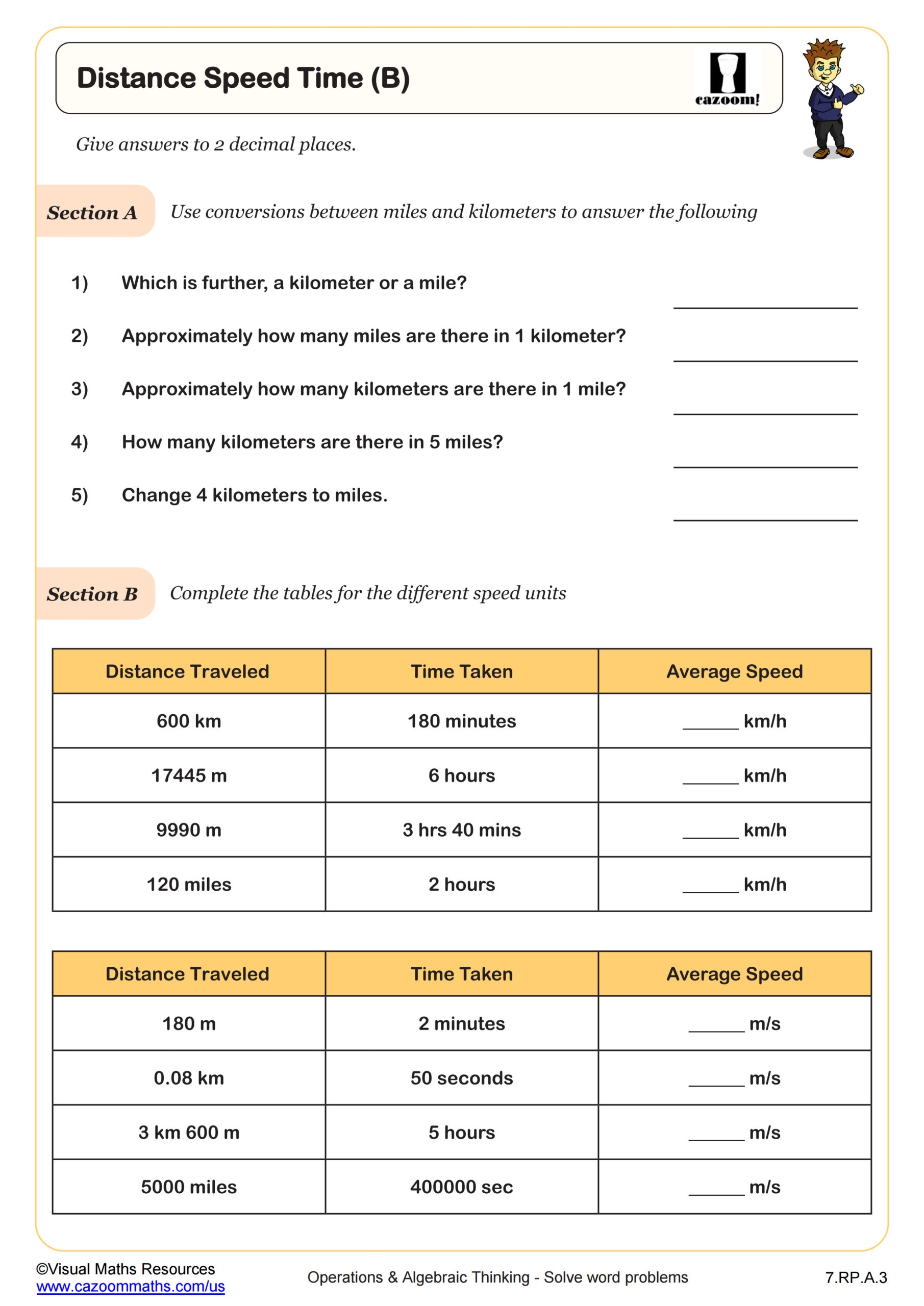 Distance Speed And Time A Worksheet 7th Grade PDF Worksheets Cazoom Math