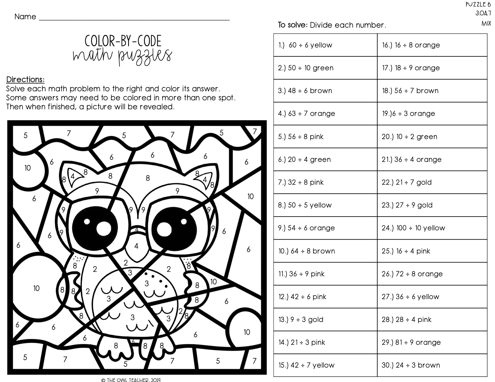 Division Facts Color By Number The Owl Teacher