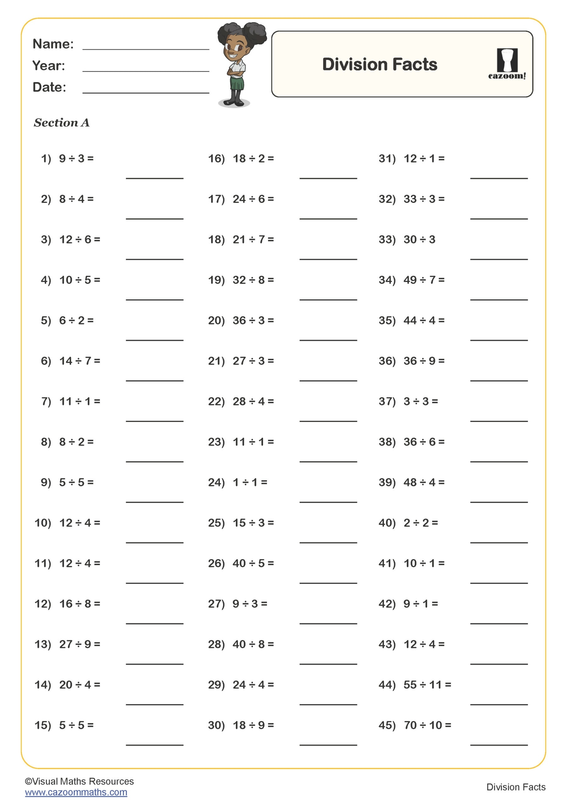 division math facts worksheets