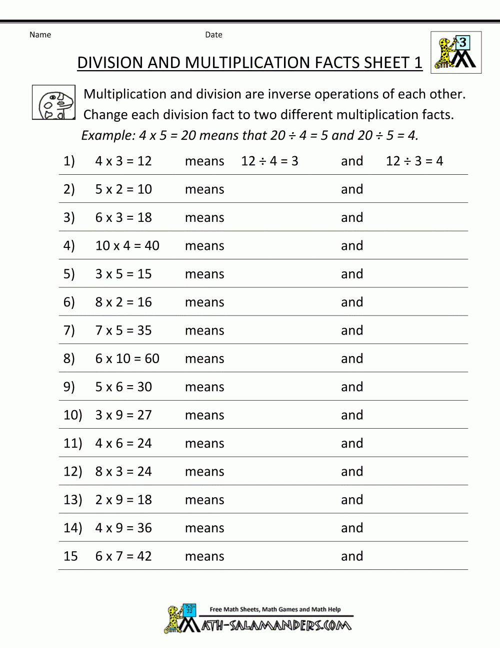 Division Facts Worksheets