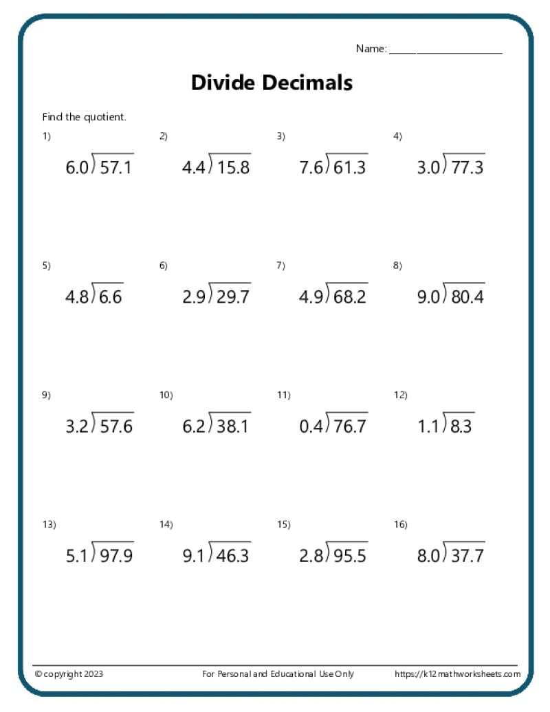 Division With Decimals Worksheets K12 Math Worksheets