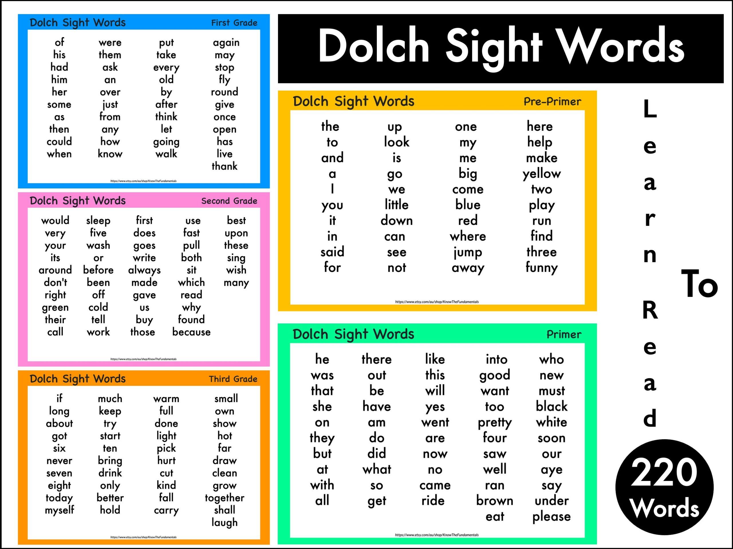 Dolch Sight Words Pre primer Primer First Second Third Grade Sight Words Printable Homeschooling Phonics Poster 220 Words List Etsy Norway