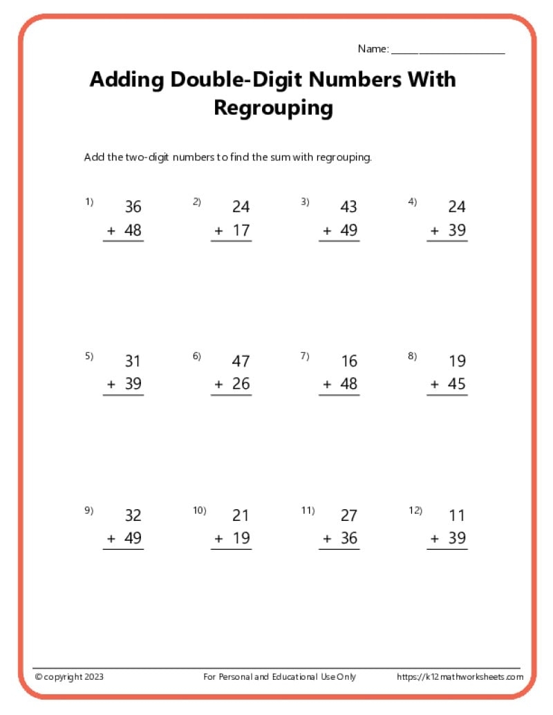 Double Digit Addition With Regrouping Worksheets