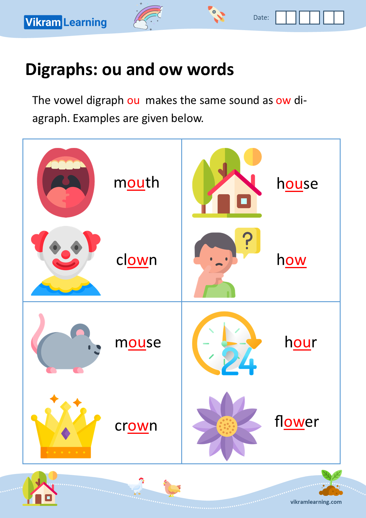 Download Digraphs Ou And Ow Words Worksheets Vikramlearning