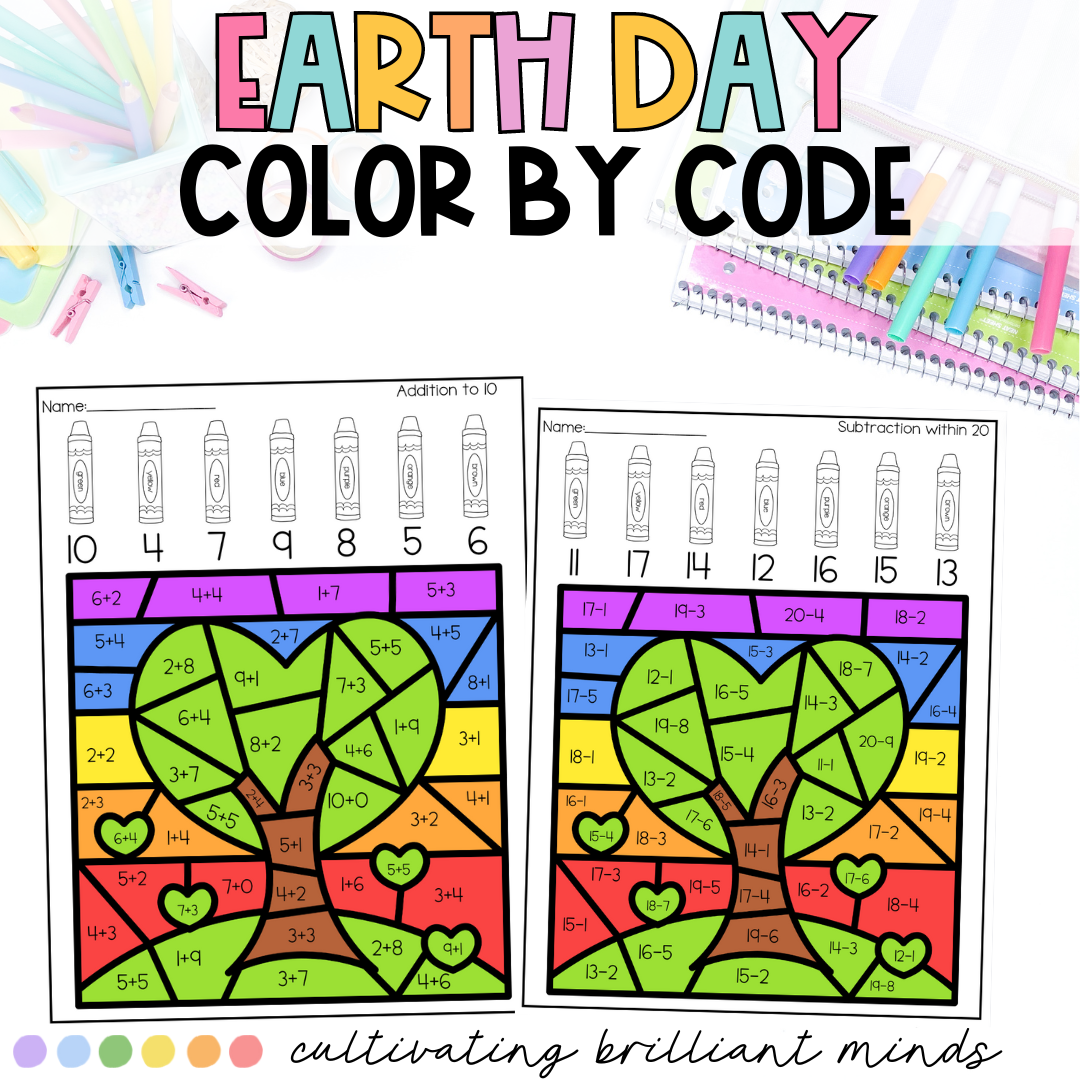 Earth Day Math Color By Code Tree Addition Subtraction Doubles April Classful