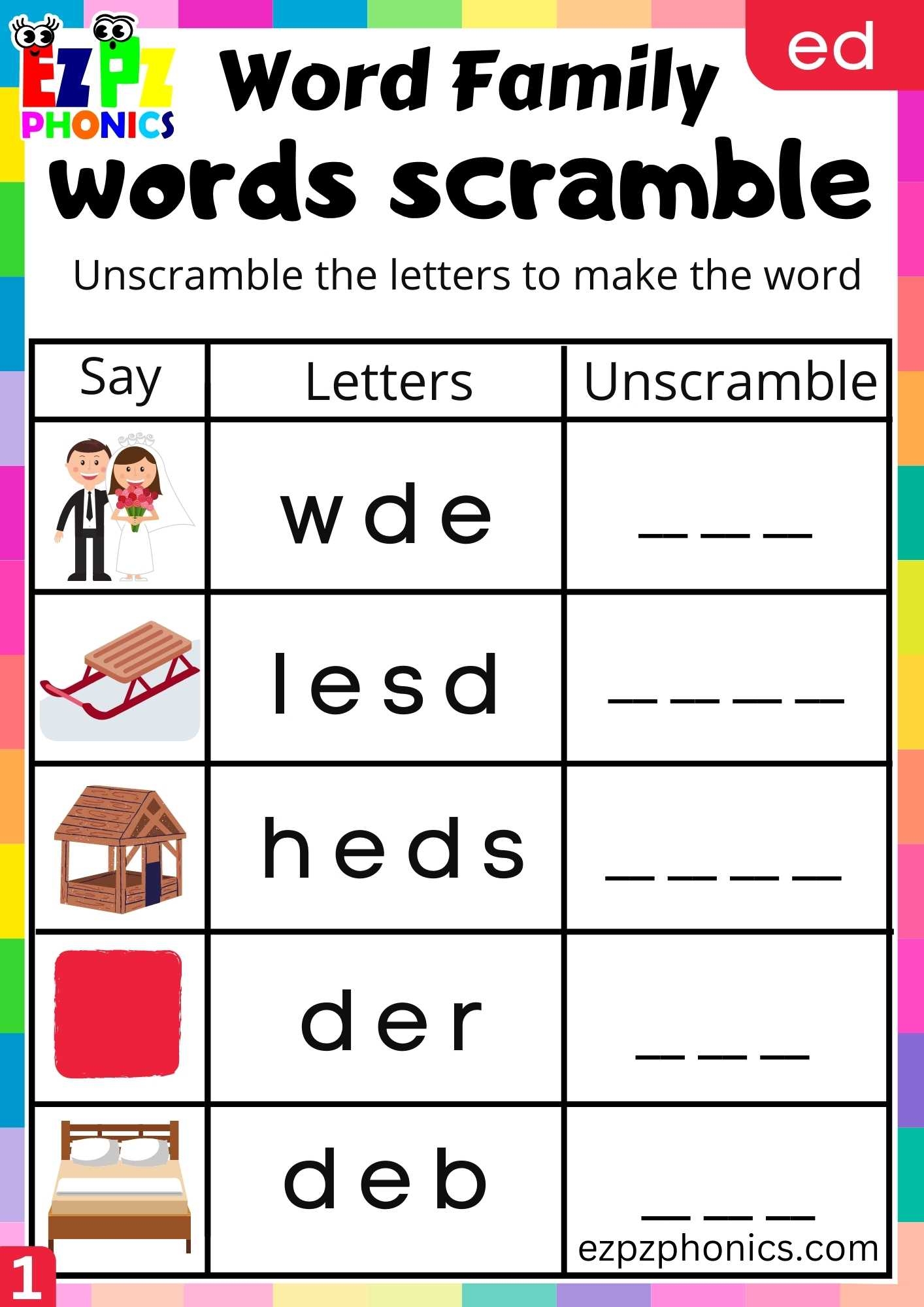 ED Words Words Scramble Phonics Word Families Worksheet Ezpzphonics