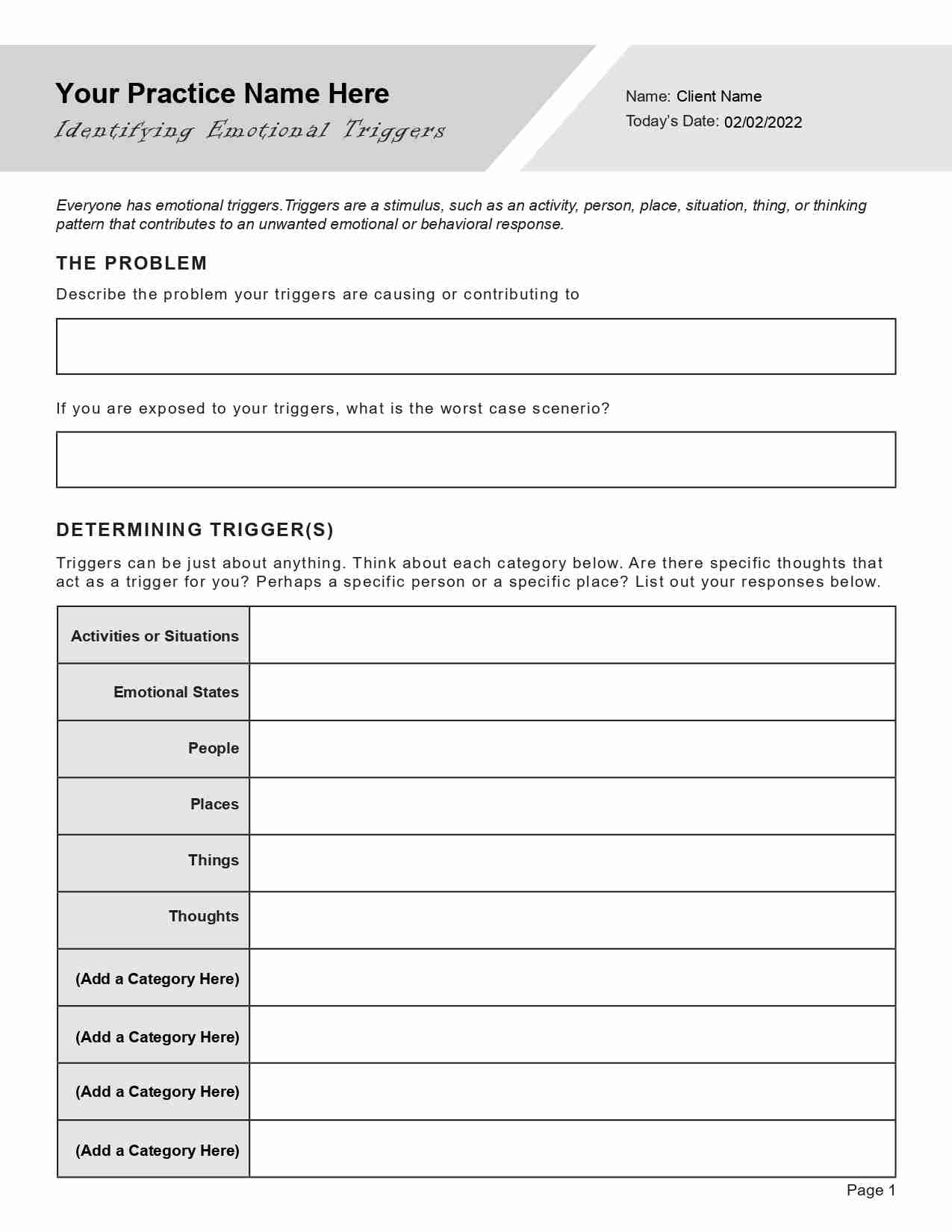 Emotional Triggers Worksheet Editable Fillable Printable PDF TherapyByPro