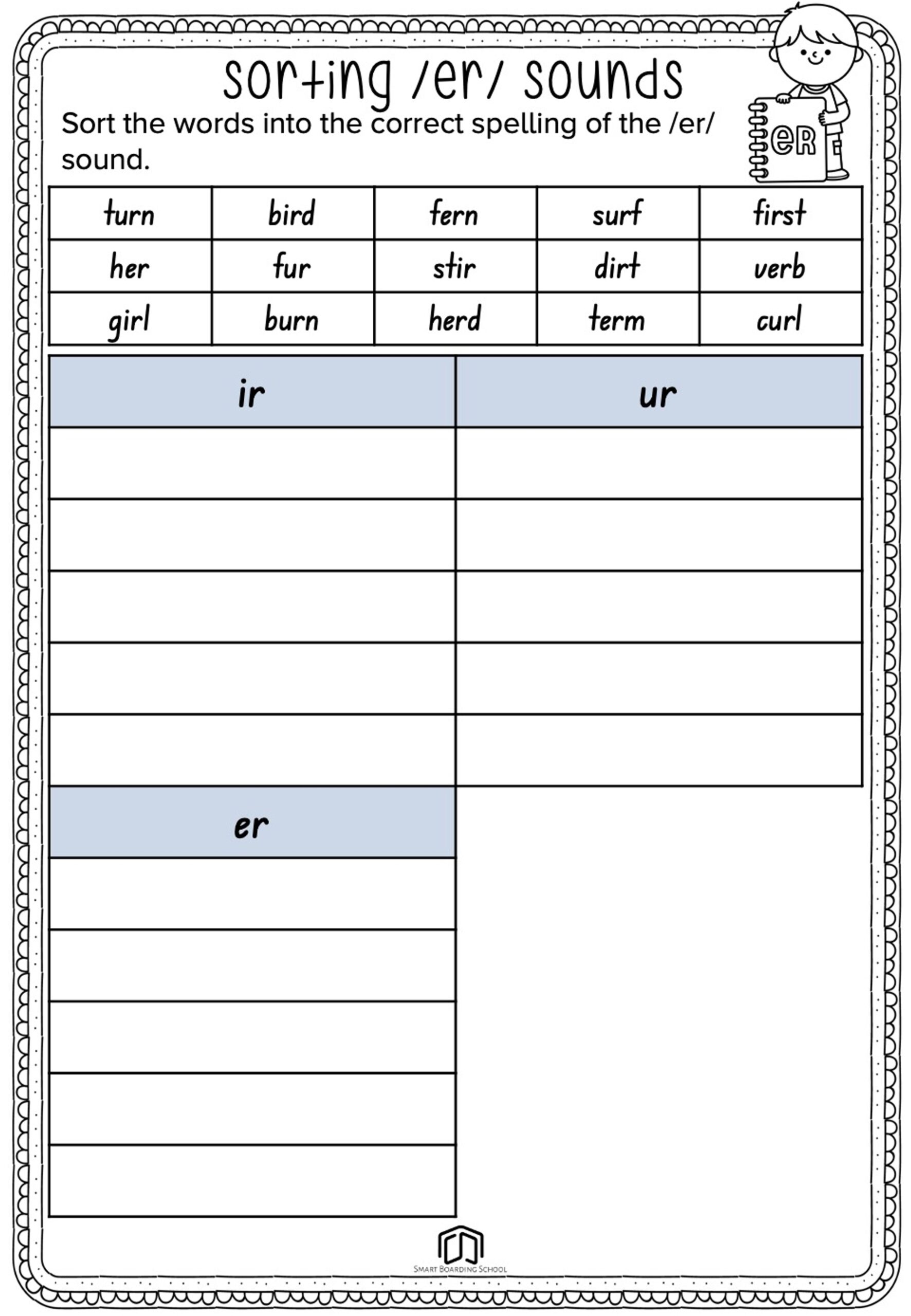 free phonics worksheets er ir ur