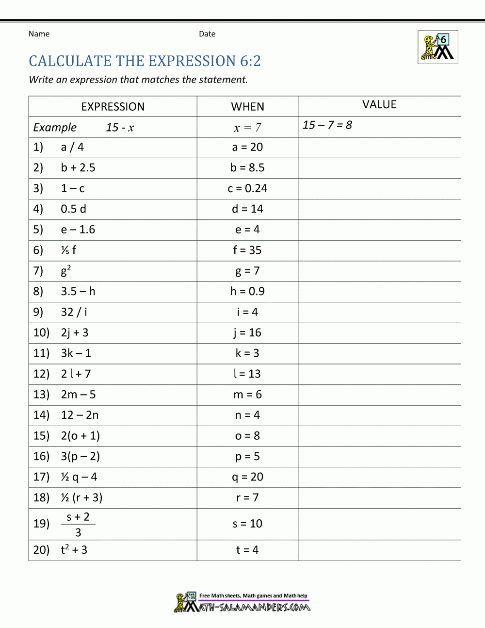 Expressions And Equations 6th Grade