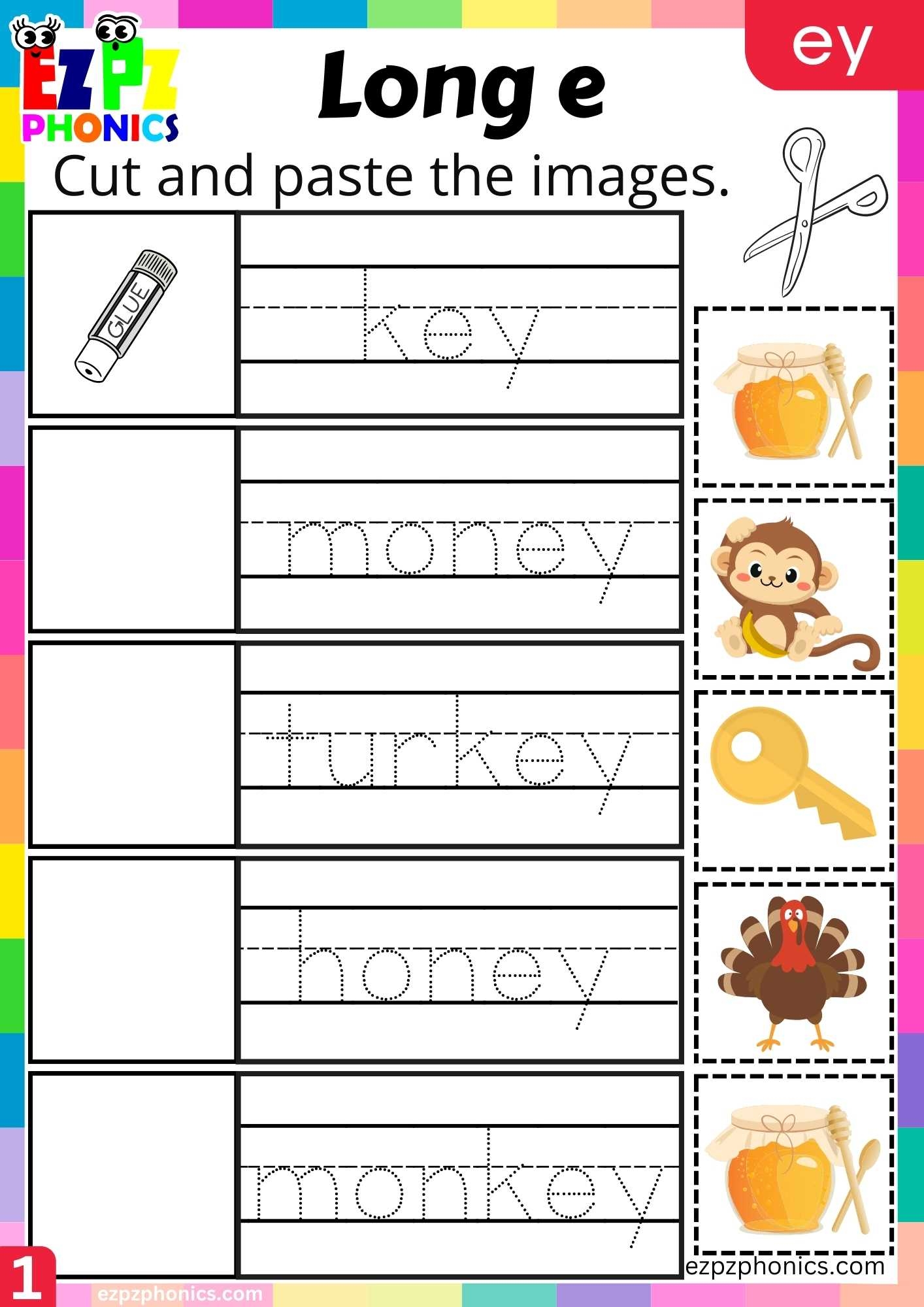 EY Words Cut And Paste The Images Long E Phonics Worksheet Ezpzphonics