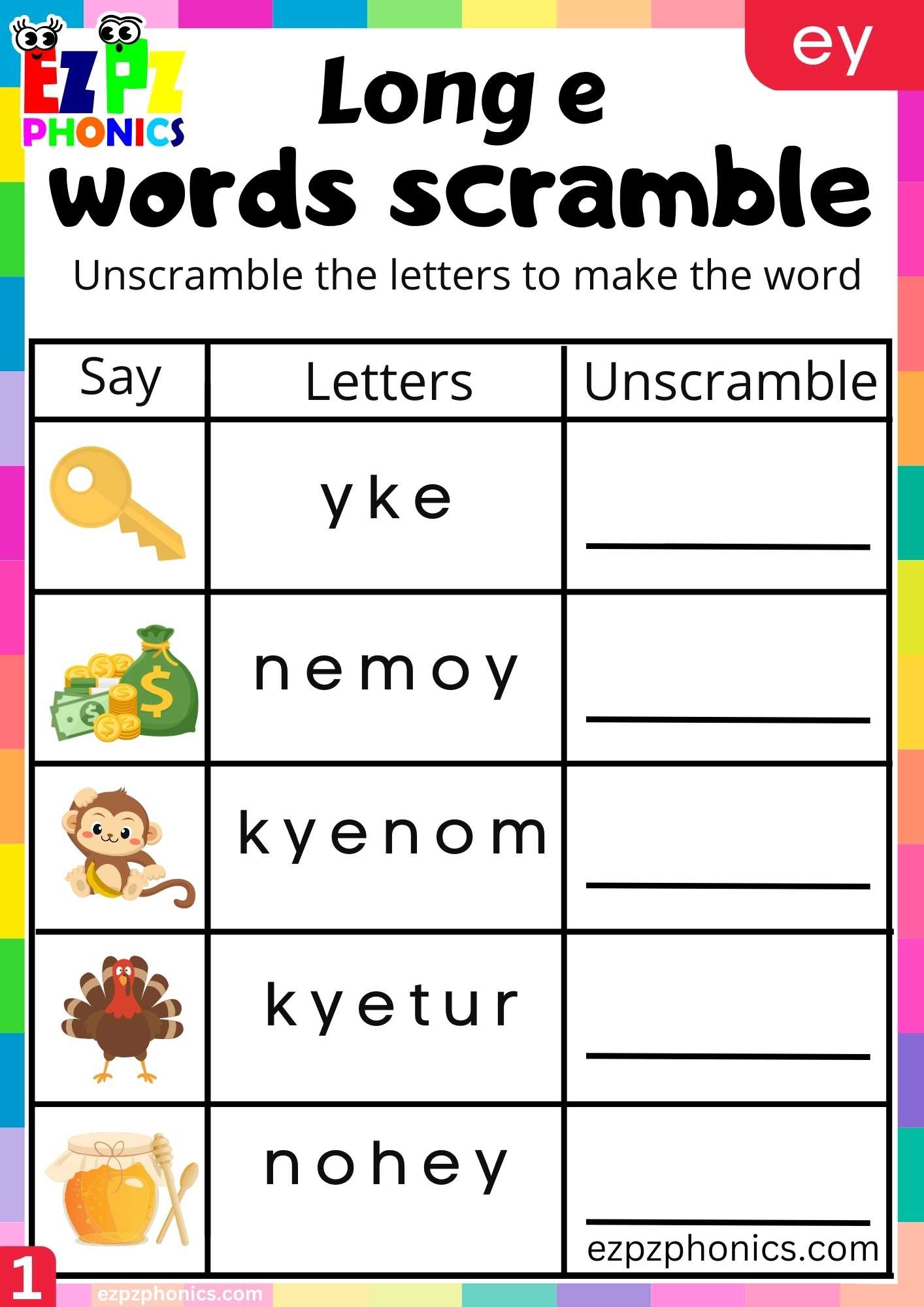 EY Words Words Scramble Long E Phonics Worksheet Ezpzphonics