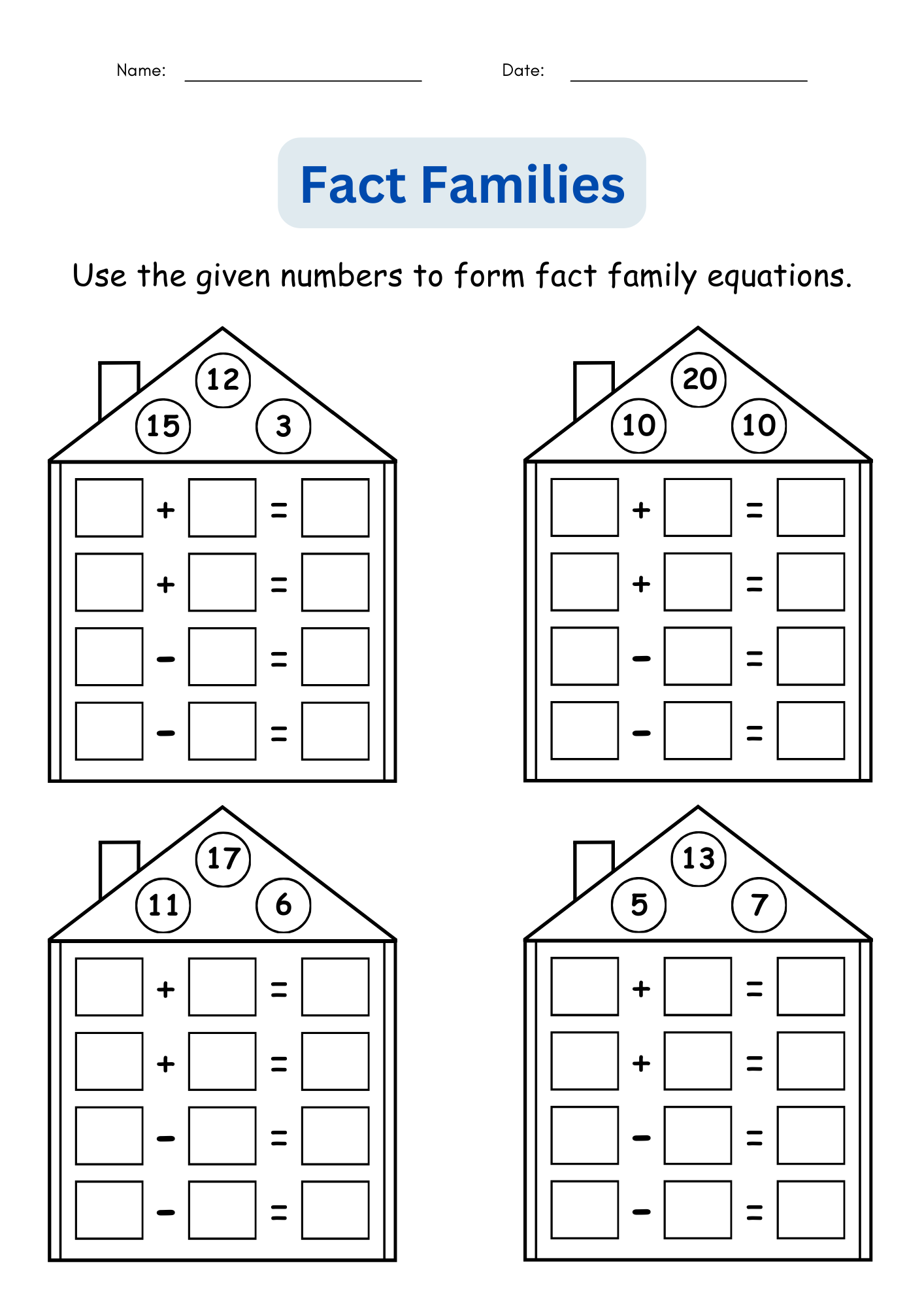 Fact Families Addition And Subtraction Number Math Worksheets For Grade 1 2 3 Made By Teachers