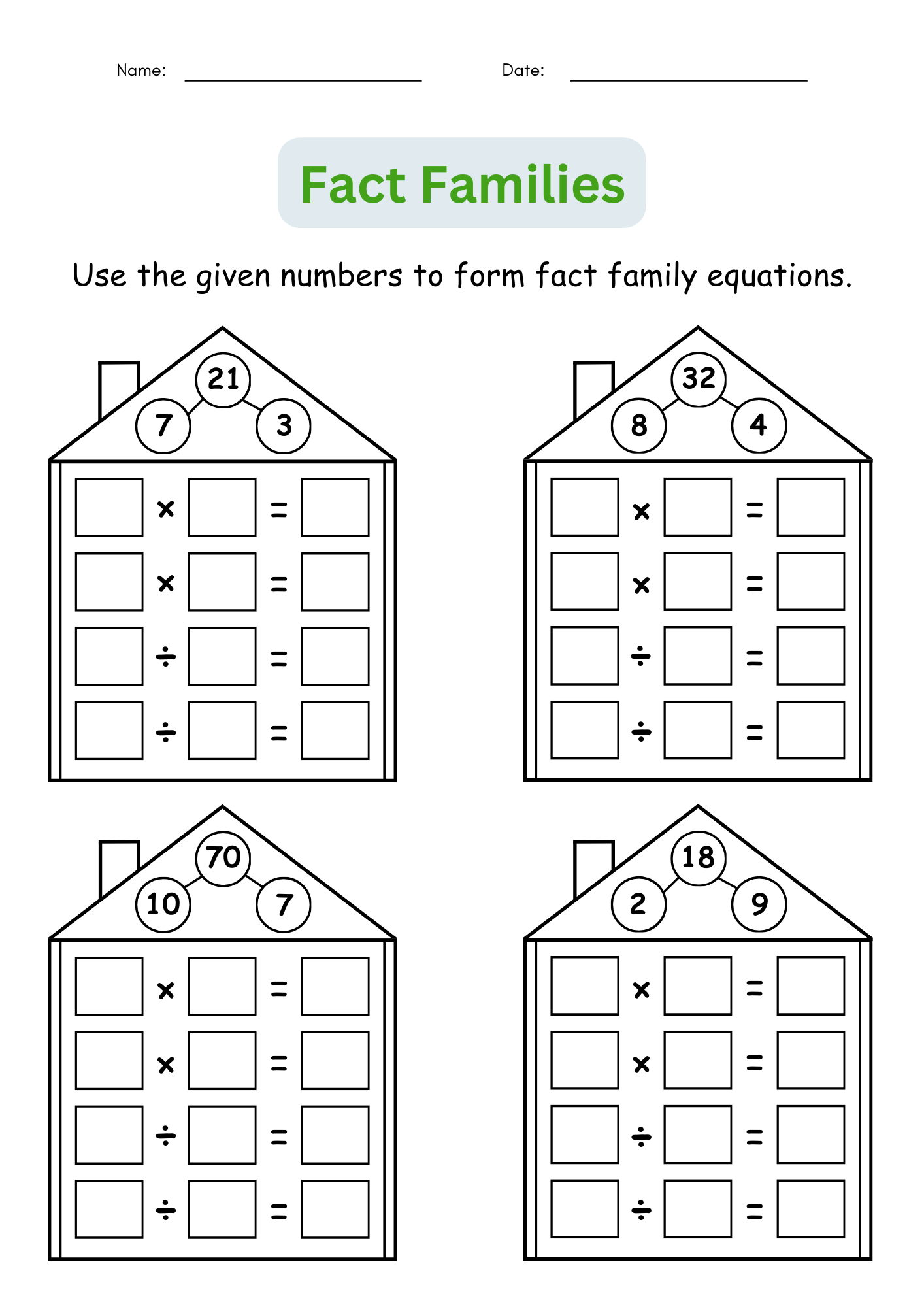 Fact Families Multiplication And Division Number Math Worksheets For Grade 1 2 Made By Teachers