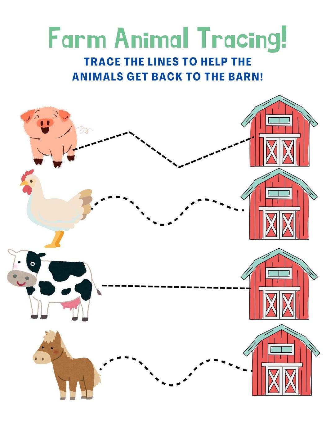 Farm Animal Preschool Tracing Worksheet Help The Animals Get To The Barn Etsy