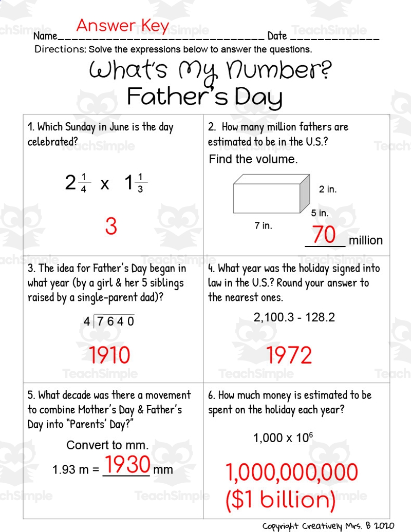 Father s Day Math Trivia Worksheet By Teach Simple