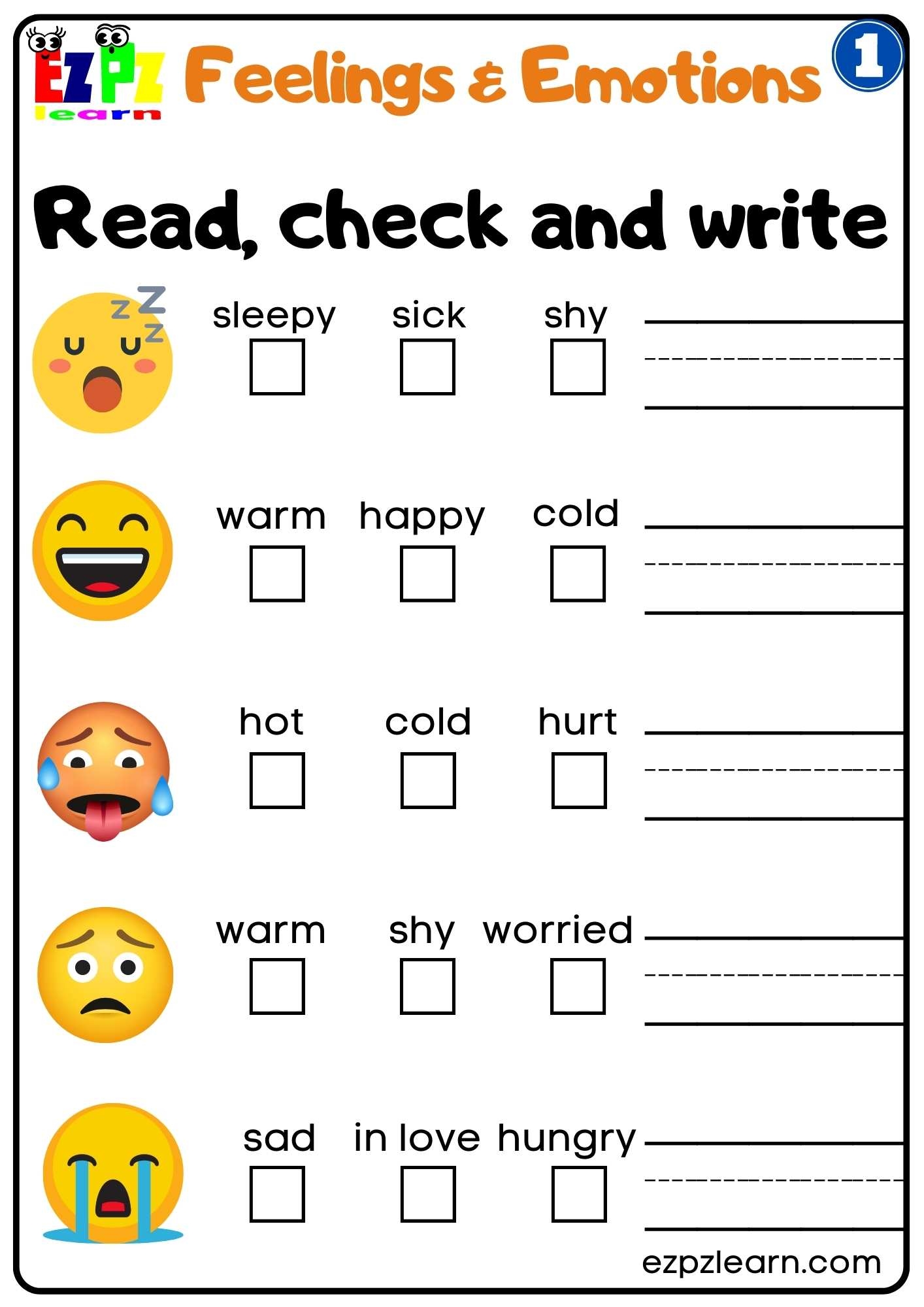 Feelings And Emotions Read Check And Write Worksheet For Children And ESL Students Free PDF Download Ezpzlearn