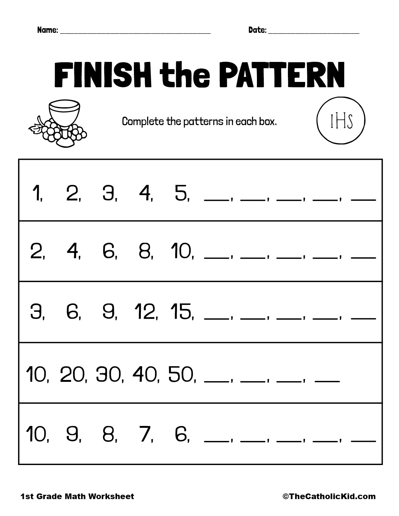 Finish The Pattern 1st Grade Math Worksheet Catholic TheCatholicKid