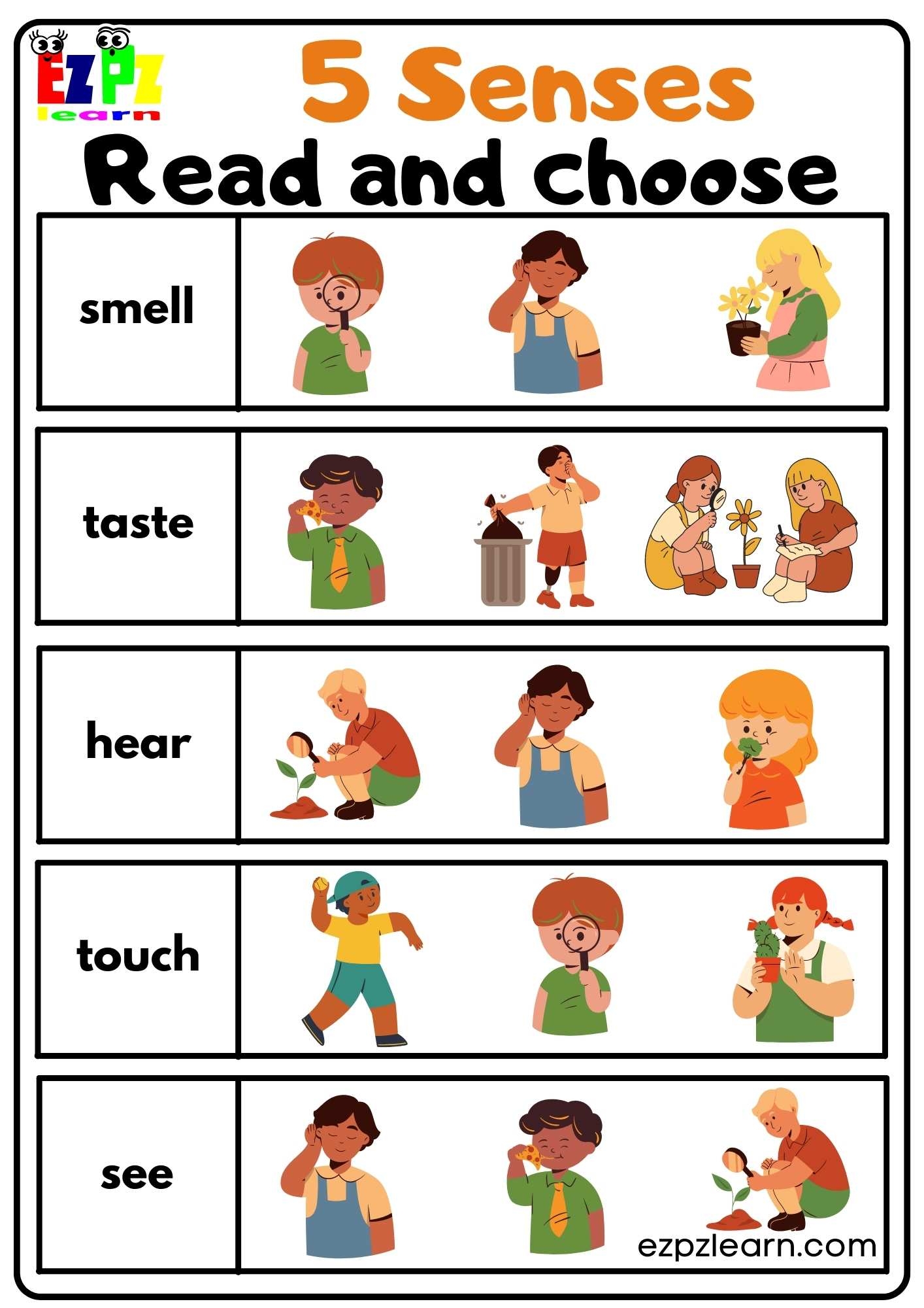 Five Senses Read And Choose Worksheet For Kindergarten And ESL Students Free Download Ezpzlearn