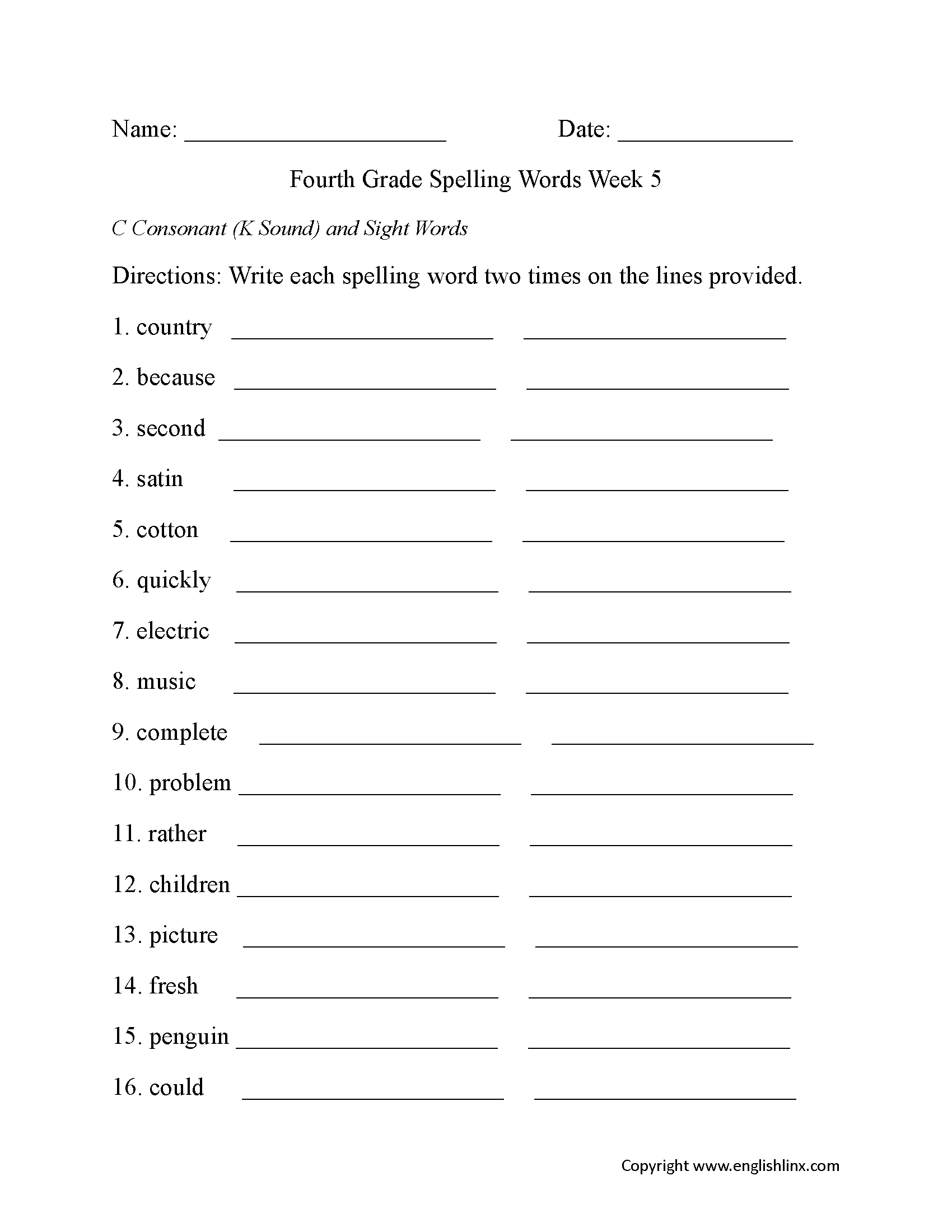 Fourth Grade Spelling Worksheets Free Printable Word Lists Practice