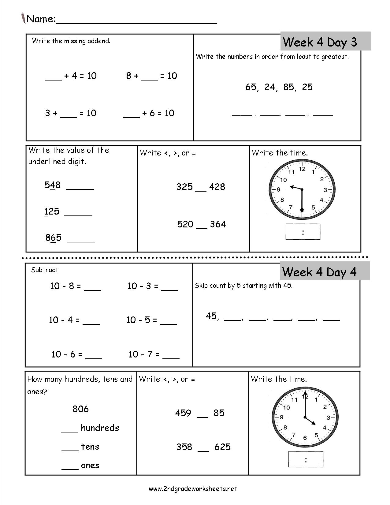 math worksheets for second graders printable
