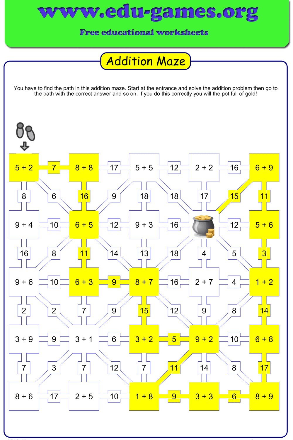 Free Addition Maze Maker Create Printable Math Game Worksheets Edu Games