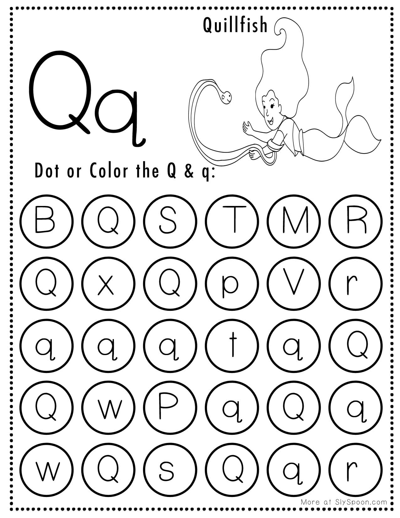 Free Alphabet Do A Dot Printables Worksheets Letter Q Mermaid Themed Sly Spoon