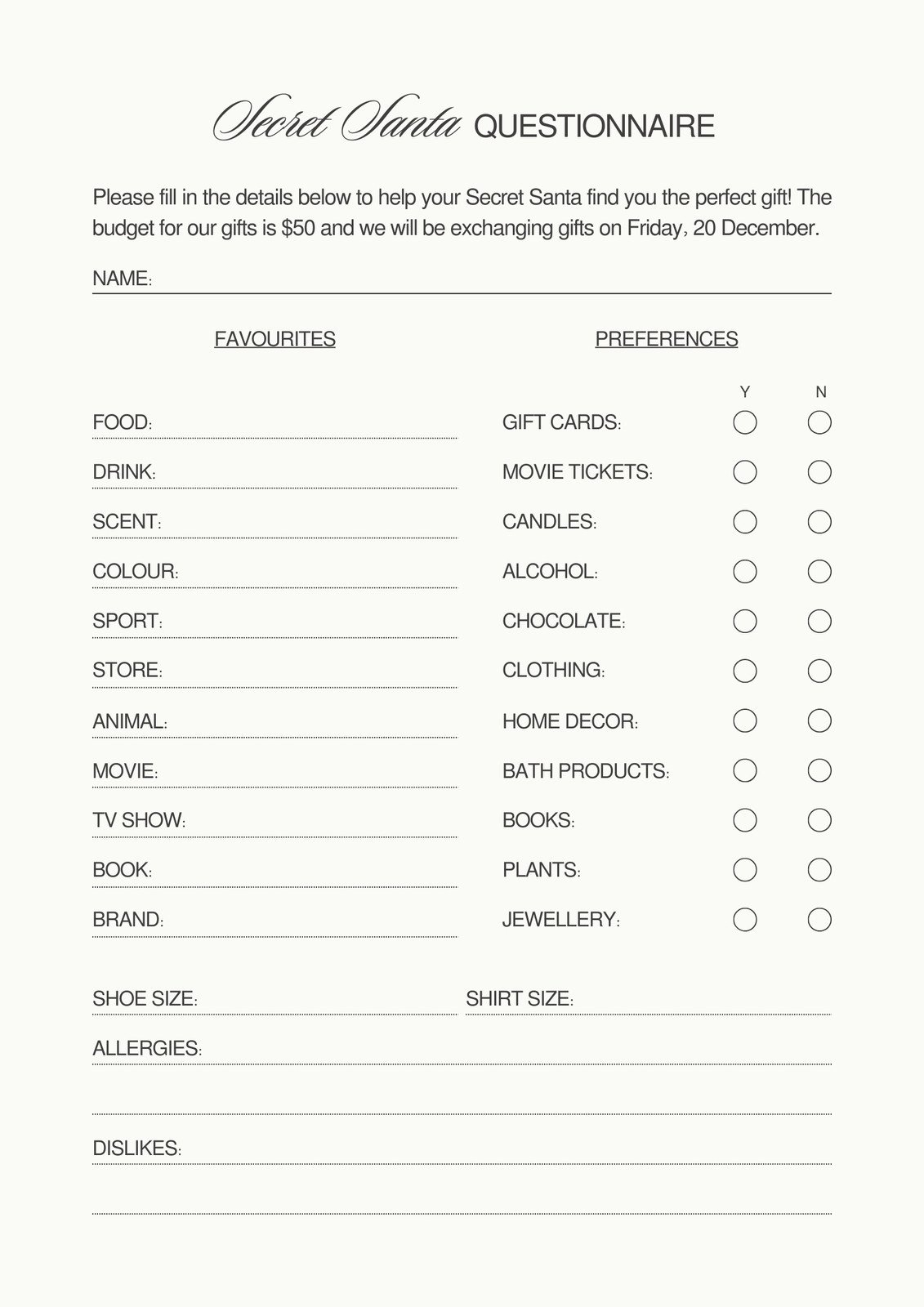 free printable secret santa worksheets